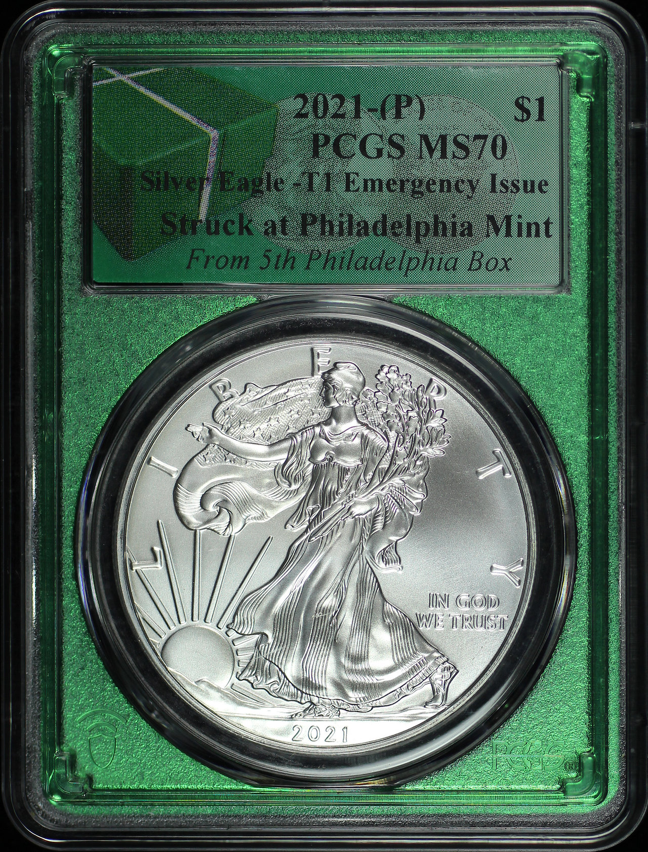 Obverse of this 2021 Silver Eagle Type 1 Emergency Issue from 5th Philadelphia Box PCGS MS-70
