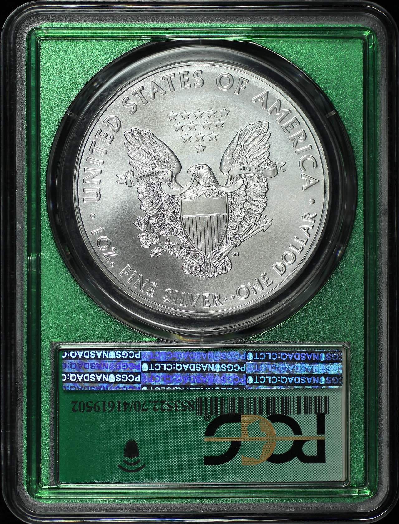 Reverse of this 2021 Silver Eagle Type 1 Emergency Issue from 5th Philadelphia Box PCGS MS-70