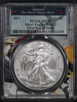Obverse of this 2021 Silver Eagle Type 2 PCGS MS-70 First Day Issue West Point Core