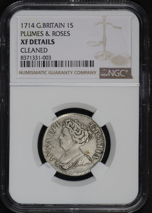 Obverse of this 1714 G. Britain  1S Plumes & Roses NGC XF Details Cleaned 