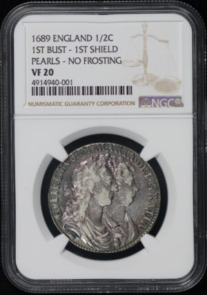 Obverse of this 1689 England  1/2C 1st-Bust 1st-Shield Pearls No frosting NGC VF-20