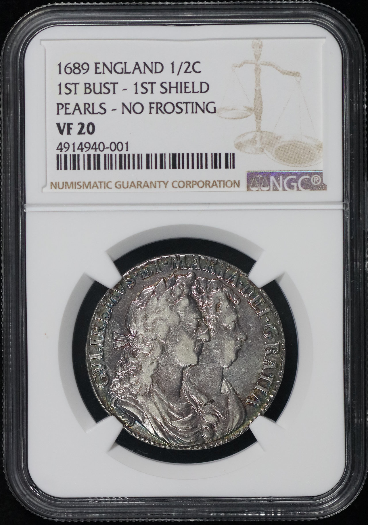 1689 England 1/2C 1st-Bust 1st-Shield Pearls No frosting NGC VF-20 ...