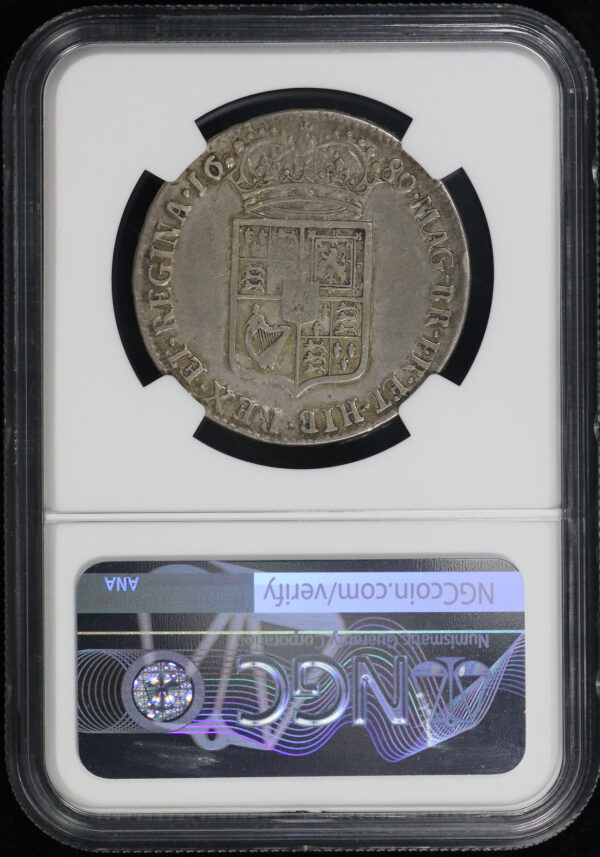 Reverse of this 1689 England  1/2C 1st Bust 2ed Shield Pearls Caul Only Frosted NGC VF Details Reverse Scratched
