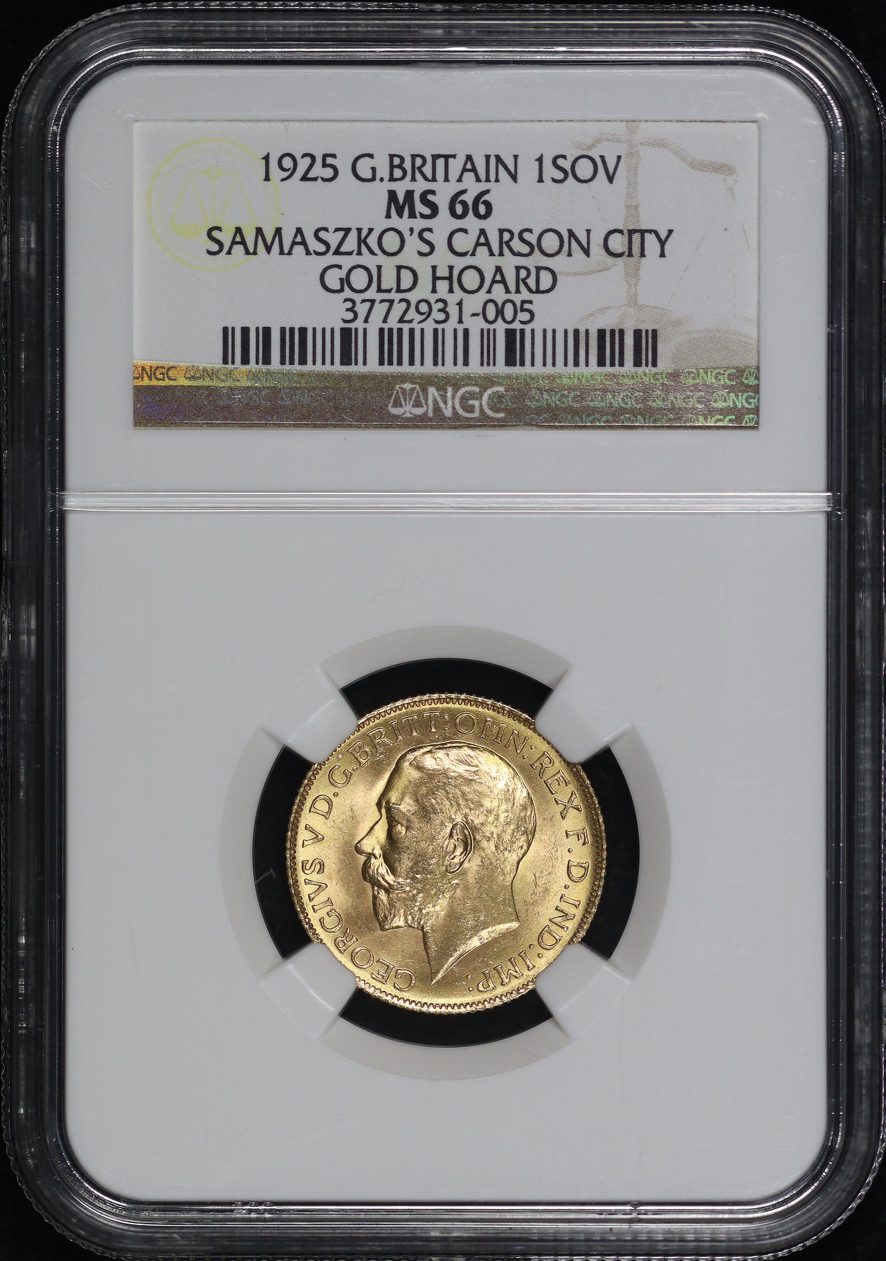 Obverse of this 1925 Great Britain Gold Sovereign NGC MS-66 Samaszko’s Carson City Gold Hoard Label