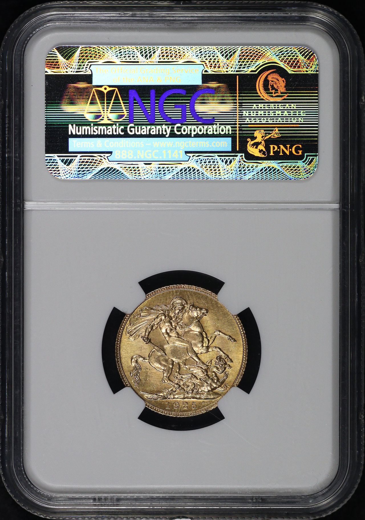 Reverse of this 1925 Great Britain Gold Sovereign NGC MS-66 Samaszko’s Carson City Gold Hoard Label