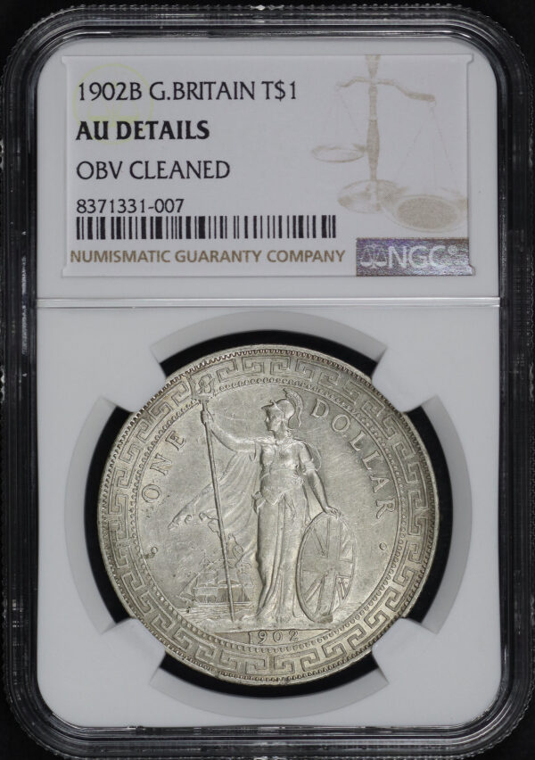 Obverse of this 1902 B G. Britain  T$1 NGC AU Details Obverse Cleaned 