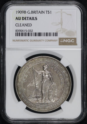 Obverse of this 1909B Great Britain Silver Trade Dollar KM#T5 NGC AU Details Cleaned