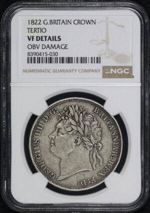 Obverse of this 1822 Great Britain  Silver Tertio Crown KM#680 NGC VF Details Obverse Damage