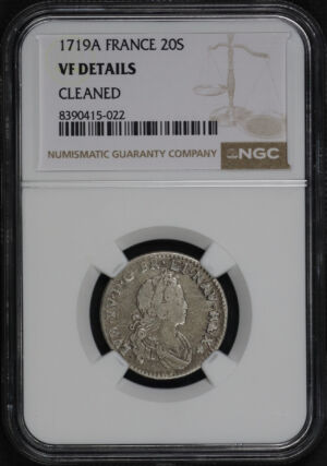 Obverse of this 1719A France 20S NGC VF-Details Cleaned 