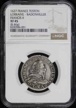Obverse of this 1627 Lorraine, France Badonviller Francis II (8.46g) Teston NGC XF-45 