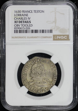 Obverse of this 1630 Lorraine, France Charles IV NGC XF Details Obverse Tooled