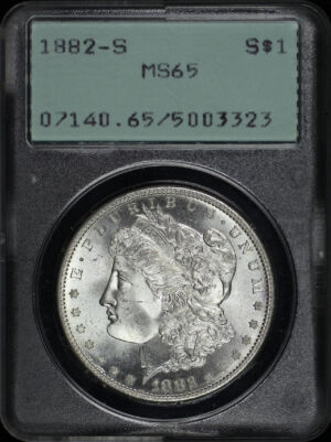 Obverse of this 1882-S Morgan Dollar PCGS MS-65 Old Green Rattler Holder