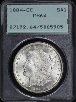Obverse of this 1884-CC Morgan Dollar PCGS MS-64 Old Green Rattler Holder