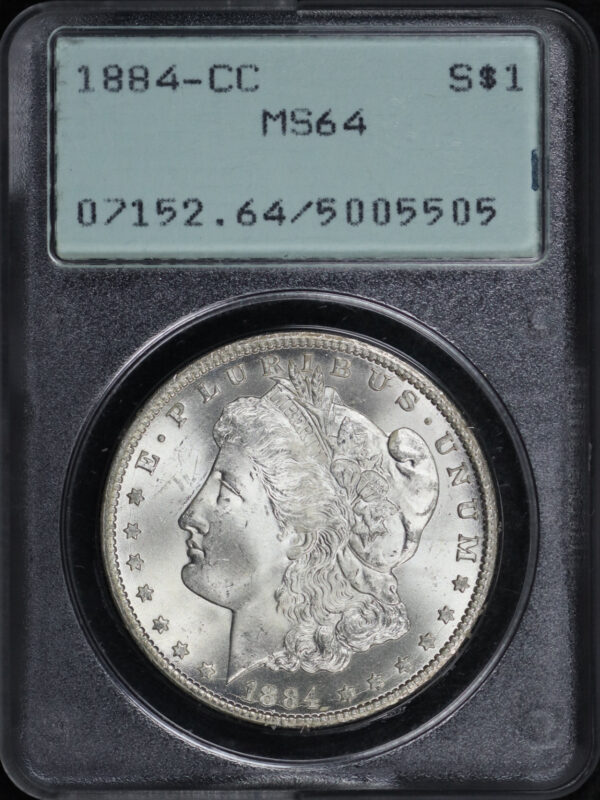Obverse of this 1884-CC Morgan Dollar PCGS MS-64 Old Green Rattler Holder