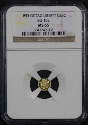 Obverse of this 1853 G25C BG-102 Octagonal Liberty California Fractional NGC MS-65