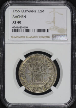Obverse of this 1755 Germany  32M Aachen NGC XF-40