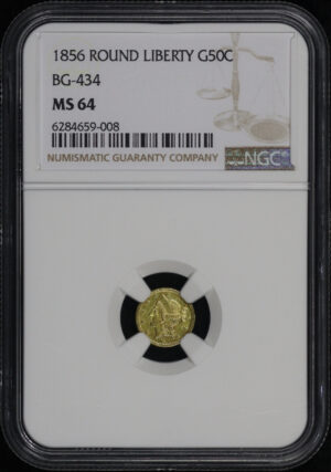 Obverse of this 1856 G50C BG-434 Round Liberty California Fractional Gold NGC MS-64