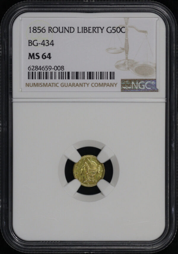 Obverse of this 1856 G50C BG-434 Round Liberty California Fractional Gold NGC MS-64