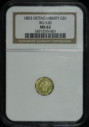 Obverse of this 1853 California Gold Octagonal Liberty BG-530 NGC MS-62