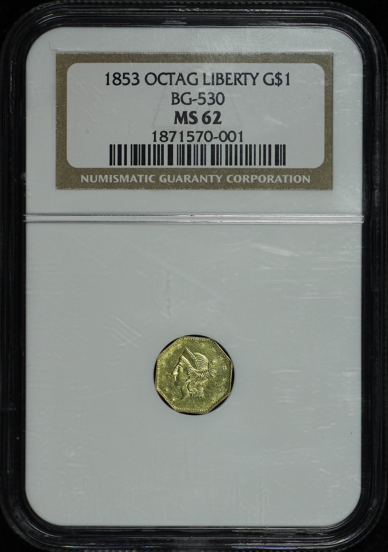 Obverse of this 1853 California Gold Octagonal Liberty BG-530 NGC MS-62