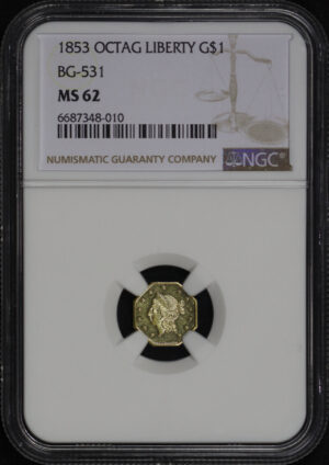 Obverse of this 1853 G$1 BG-531 Octagonal Liberty Gold Dollar NGC MS-62