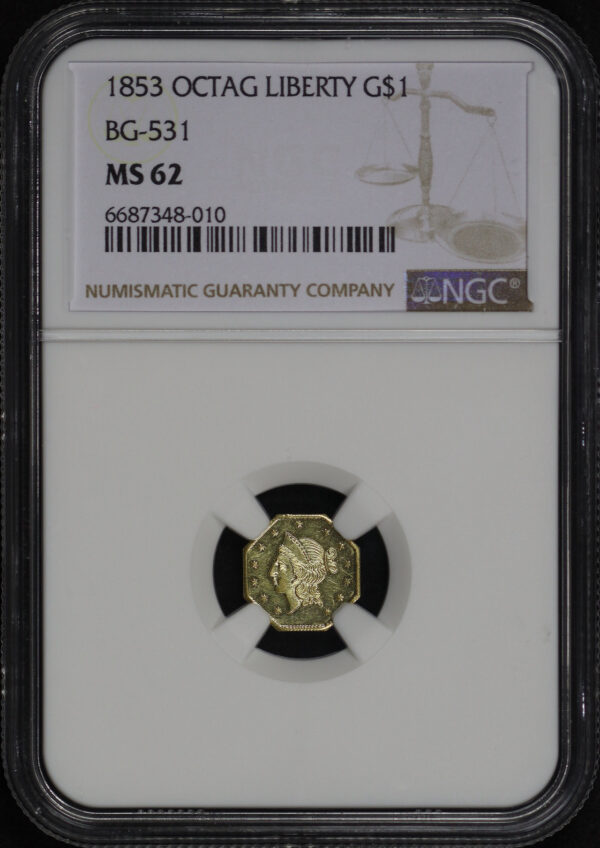 Obverse of this 1853 G$1 BG-531 Octagonal Liberty Gold Dollar NGC MS-62