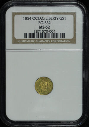 Obverse of this 1854 California Gold Octagonal Liberty BG-532 NGC MS-62