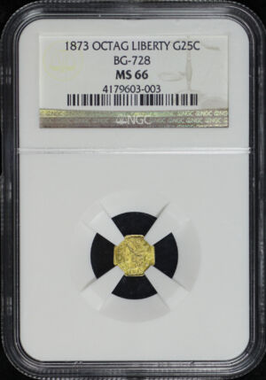 Obverse of this 1873 G25C BG-728 Octagonal Liberty California Fractional Gold NGC MS-66