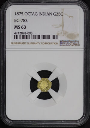 Obverse of this 1875 G25C BG-782 Indian Octagonal California Fractional Gold NGC MS-63