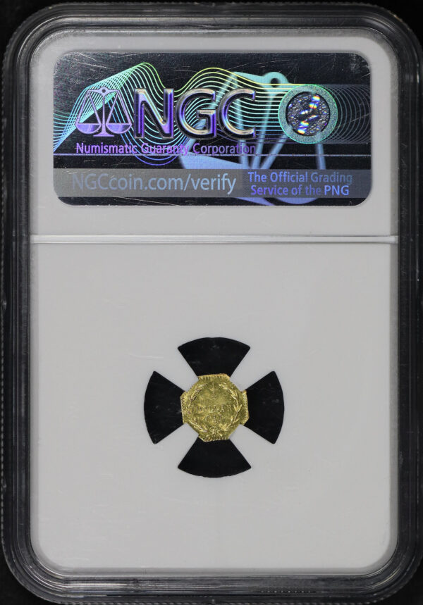 Reverse of this 1875 G25C Indian OctagonalCalifornia Fractional Gold BG-782 NGC MS-63