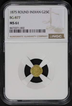 Obverse of this 1875 G25C BG-877 Round Indian California Fractional Gold NGC MS-61