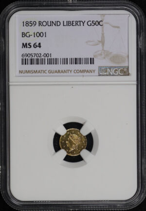 Obverse of this 1859 BG-1001 Round Liberty California Gold NGC MS-64
