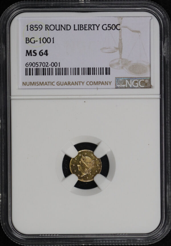 Obverse of this 1859 BG-1001 Round Liberty California Gold NGC MS-64