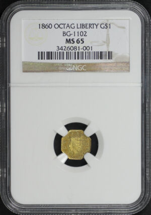 Obverse of this 1860 G$1 Octagonal Liberty California Fractional Gold BG-1102 NGC MS-65