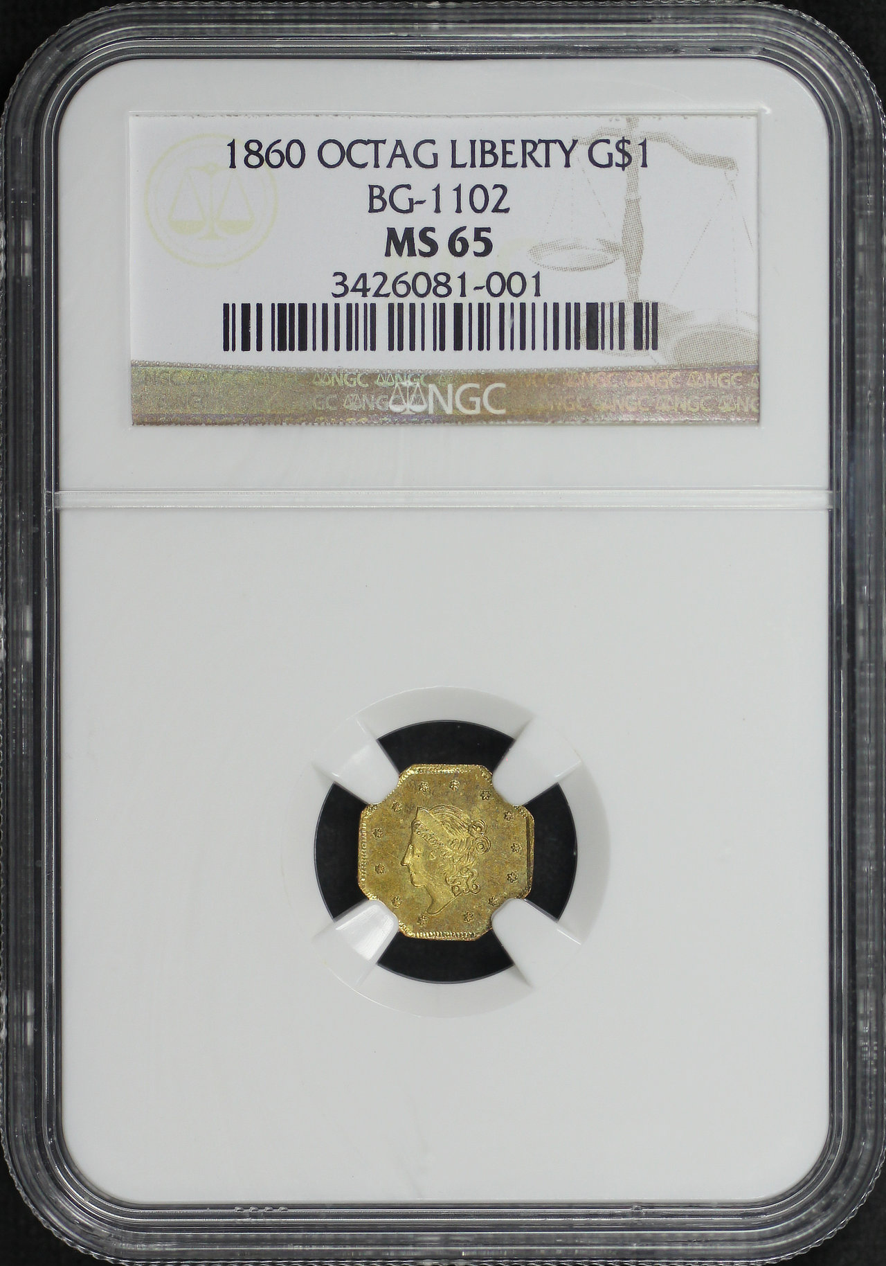 Obverse of this 1860 G$1 Octagonal Liberty California Fractional Gold BG-1102 NGC MS-65