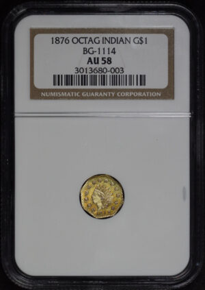 Obverse of this 1876 G$1 BG-1114 Octagonal Indian California Fractional NGC AU-58