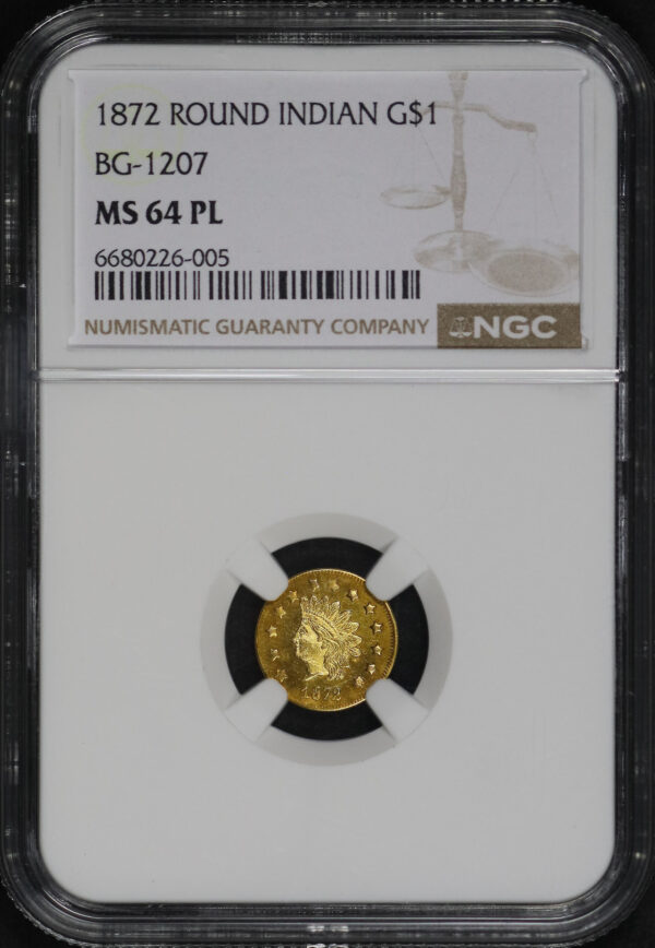 Obverse of this 1872 BG-1207 G$1 Round Indian Gold Dollar Type 3 NGC MS-64 PL