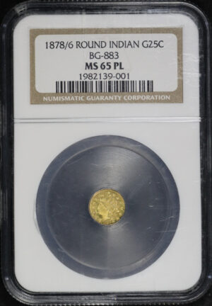 Obverse of this 1878/6 G25C BG-883 Round Indian California Fractional Gold NGC MS-65 PL