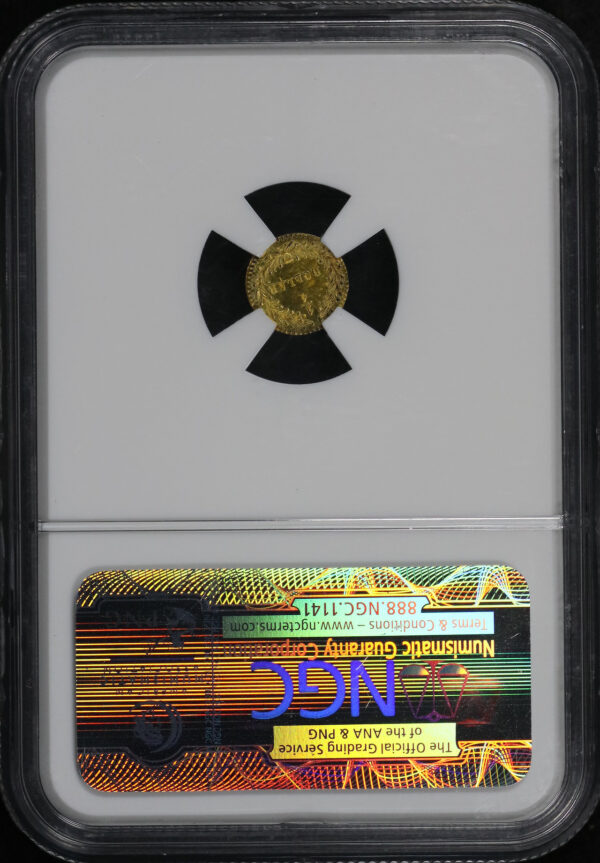 Reverse of this 1880/76 G25C BG-885 Round Indian California Fractional Gold NGC MS-66 DPL