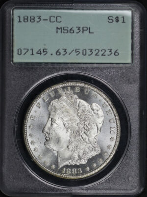 Obverse of this 1883-CC Morgan Dollar PCGS MS-63 PL Old Green Rattler Holder