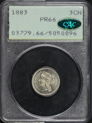 Obverse of this 1883 Three Cent Nickel PCGS PR-66 CAC Old Green Rattler Holder