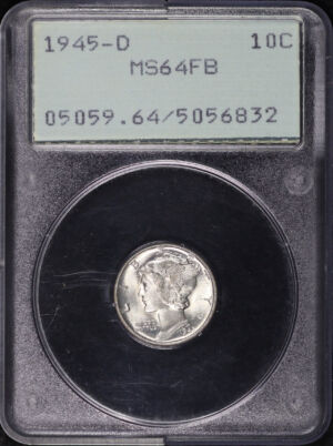 Obverse of this 1945-D Mercury Dime PCGS MS-64 FB Old Green Rattler Holder