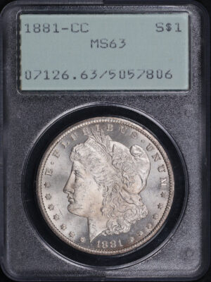 Obverse of this 1881-CC Morgan Dollar PCGS MS-63 Old Green Rattle Holder