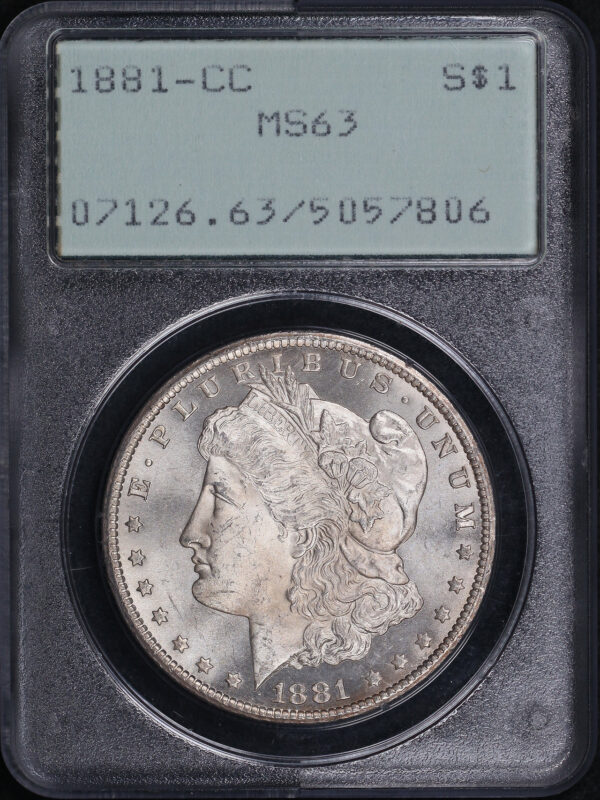 Obverse of this 1881-CC Morgan Dollar PCGS MS-63 Old Green Rattle Holder