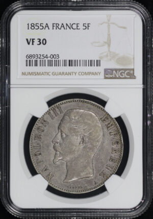 Obverse of this 1855A France Silver 5 Francs NGC VF-30