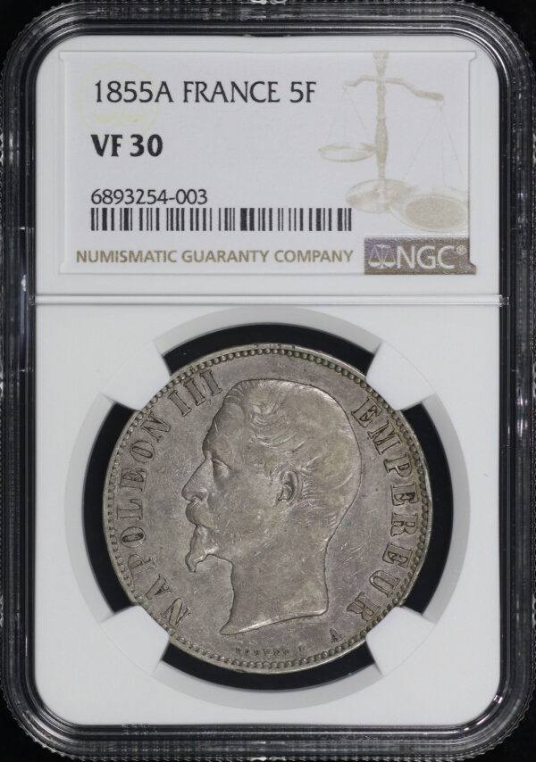 Obverse of this 1855A France Silver 5 Francs NGC VF-30