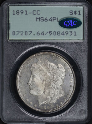 Obverse of this 1891-CC Morgan Dollar PCGS MS-64 PL Old Green Rattler Holder