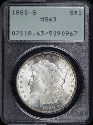 Obverse of this 1880-S Morgan Dollar PCGS MS-63 Old Green Rattler Holder