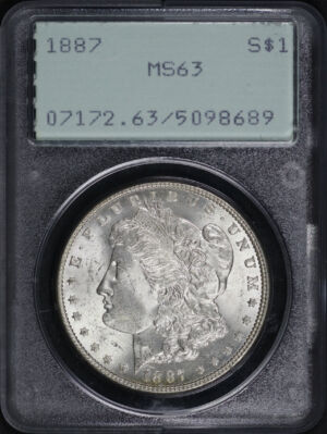 Obverse of this 1887 Morgan Dollar PCGS MS-63 Old Green Rattler Holder