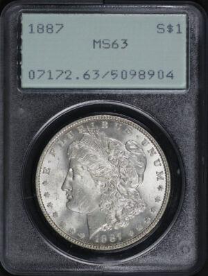 Obverse of this 1887 Morgan Dollar PCGS MS-63 Old Green Rattler Holder